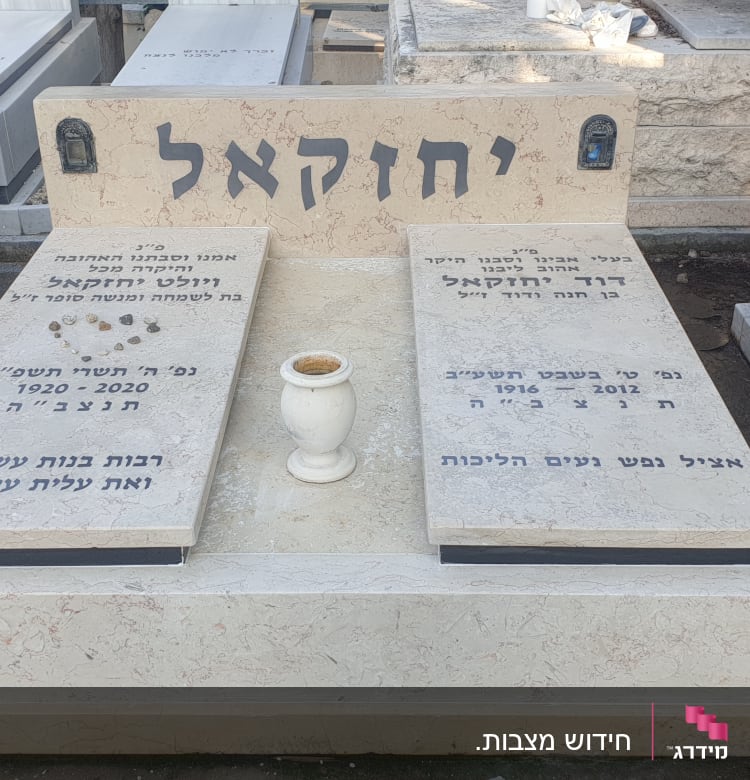 מצבות עם כיתוב בעברית ואבנים קטנות מונחות עליהן